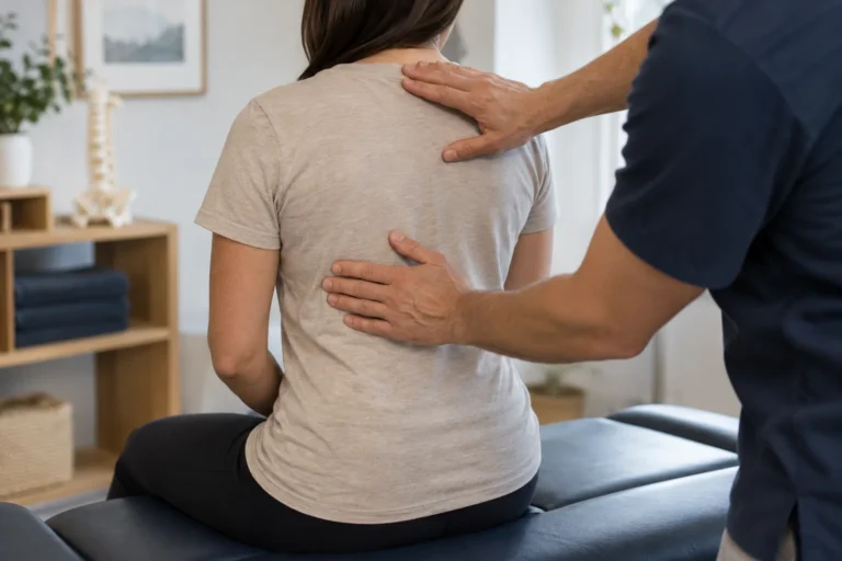 Practitioner gently assessing the upper back of a clothed adult.