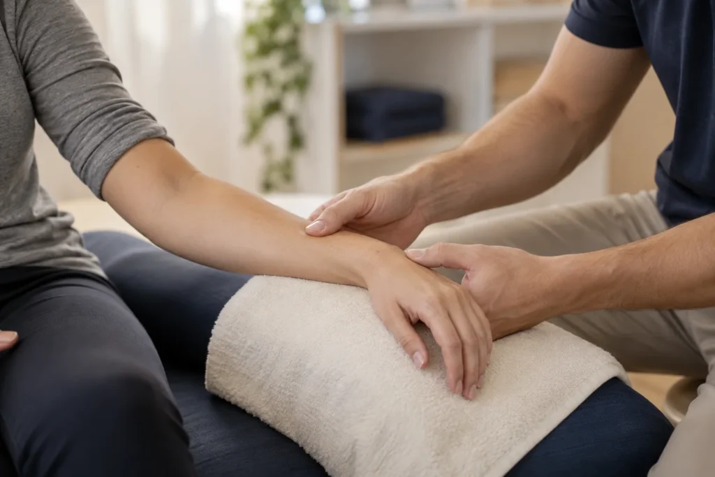 Practitioner supporting an adult’s wrist and forearm during gentle manual therapy.