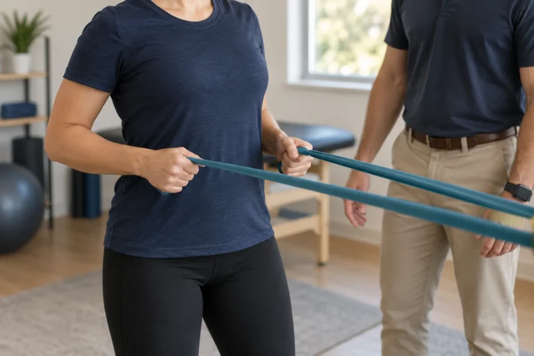 Adult performing a standing resistance-band exercise with supervision.