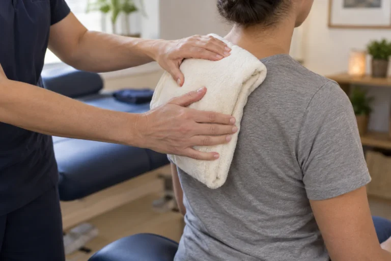 Practitioner positioning a towel-wrapped heat pack over a clothed adult’s shoulder.
